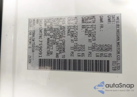 2019 Nissan Rogue Sl z USA, uszkodzony, nr VIN 5N1AT2MT7KC759091